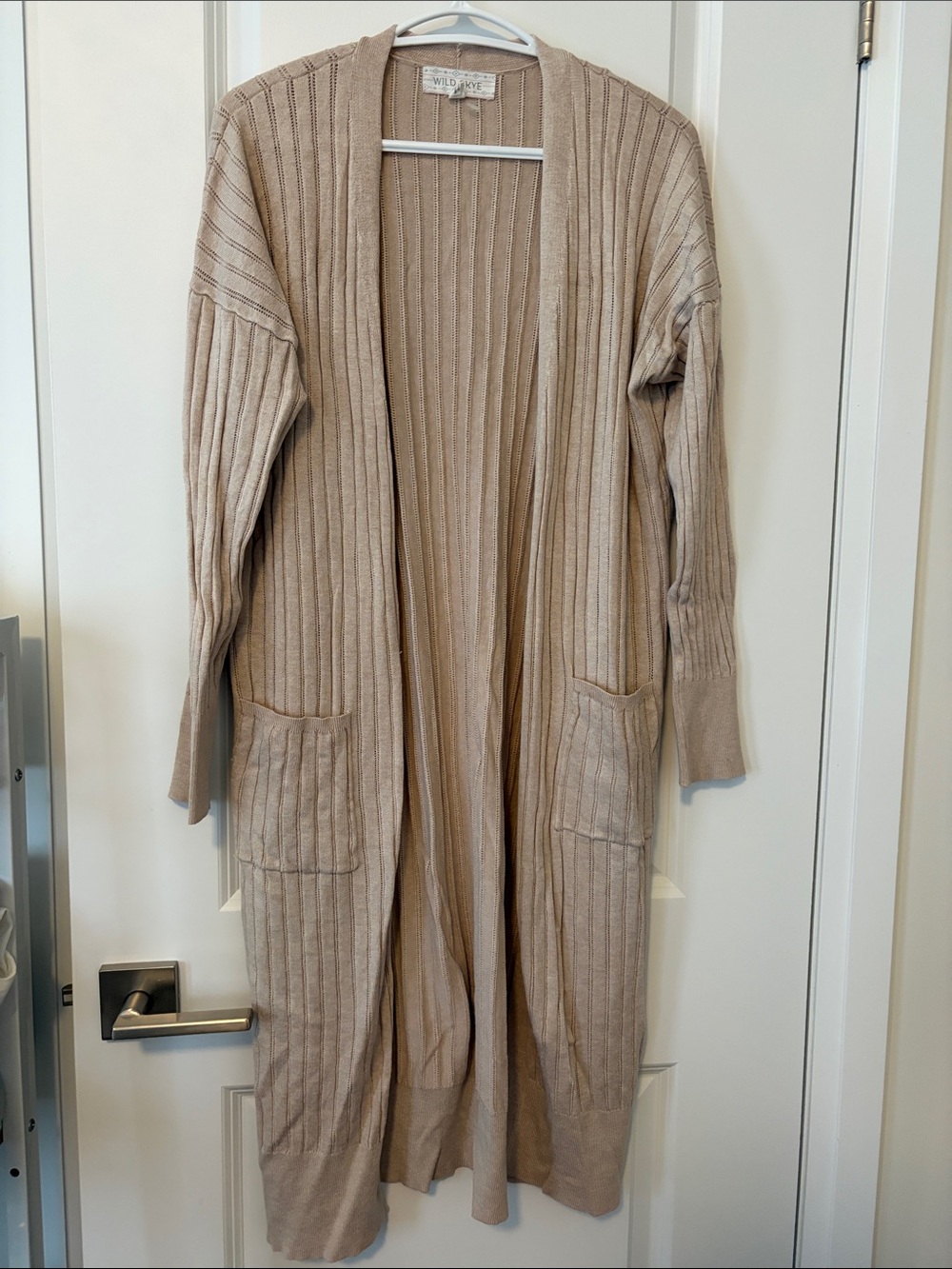 Long Ribbed Open-Front Cardigan in Taupe by Wild Fable